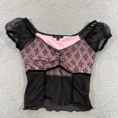 Top corto floral Babydoll Y2K coqueta Delias negro y rosa para mujer extra pequeño  Foto 1 de 4