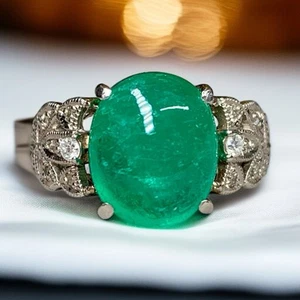 Vintage Platinum Cabochon Colombian Emerald Filigree Diamond Ring 6.96ctw GIA - Picture 1 of 10
