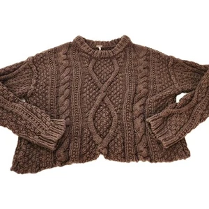 free people brown chunky cableknit cropped sweater sz L womens 100% cotton - Picture 1 of 8