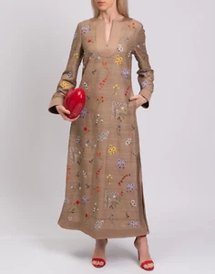 RRP€1250 TORY BURCH Silk Maxi Kaftan Dress Size M Embroidered Beads Slub Yarn - Picture 1 of 9