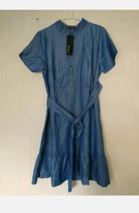 Allegra K Womens XS Blue Ruffle High Neck Button Front Short Sleeve Dress NWT - Picture 1 of 6