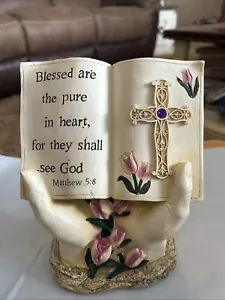 Vintage Harz Hände halten eine Bibel mit Tulpen Figur - 8" groß - Bild 1 von 10