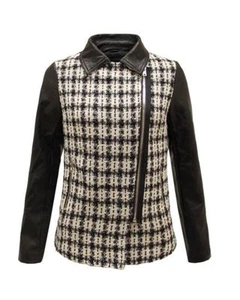 Ladies Women PU Faux Leather Sleeve Knitted Side Zipped Check Biker Jacket Coat - Picture 1 of 3