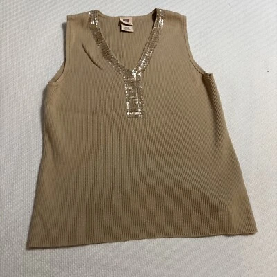 VTG Faded Glory Sleeveless Ribbed Tank Top Beige Sequins Trimmed V-Neck L(12/14) - Image 1 of 4
