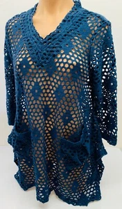 Swimwear Beach Cover Up SAND SPIRIT Blue Crochet Asymmetrical Tunic Medium - Picture 1 of 4