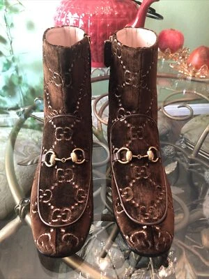 100% Подлинный GUCCI коричневый GG бархата ботильоны с хрустальными каблуками $1550 + налог - Изображение 1 из 4