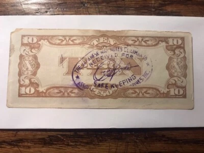 Japanese Government  Ten 10 Pesos Note-Safe Keeping Stamp Circ #18277 - Image 1 of 2