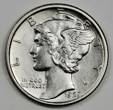 1929-p Mercury Dime.  30% Fully Separated Horizont. Bands.  AU-UNC  Inventory H Cover
