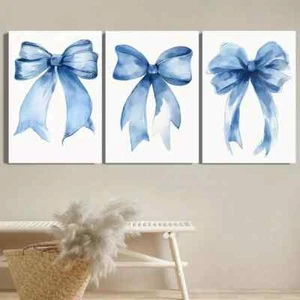 3pcs Preppy Style Blue Ribbon Bow Metal Print Ready to Hang Art - Picture 1 of 6