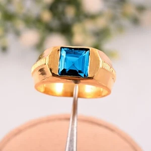 Natural Handmade Men's Gold Swiss Blue Topaz Ring 14K Yellow Gold Wedding Gift. - Picture 1 of 3