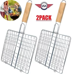 2× Grill BBQ Net Barbecue Grilling Basket Steak Meat Fish Vegetable Holder Tools - Picture 1 of 14