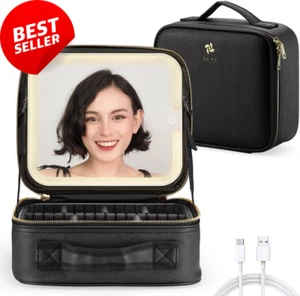 Travel Makeup Bag with LED Mirror, Adjustable Compartments, USB-C Charging Black - Picture 1 of 12