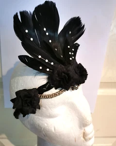Black FEATHER Goth BOHO Plait HEADBAND with flowers and diamantes festival style - Picture 1 of 10