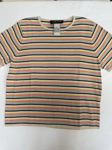 VTG 90s Striped Tee XL Colorful %100 Cotton Knit Women Blouse Pastel Colors - Picture 1 of 15