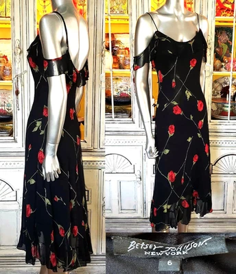 Vintage Betsey Johnson New York 90s Black Red Rose Floral Milkmaid Slip Dress S - Image 1 of 4