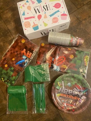 Minecraft HAPPY BIRTHDAY  Party Kit,  24 Plates  Cups Forks Spoons  2 Tablecloth - Image 1 of 4