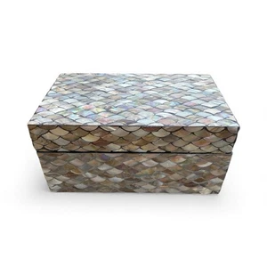 "Caja de madera rectangular con bisagras madreperla incrustación forma almeja hecha a mano 10""" - Imagen 1 de 11