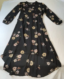 Who What Wear Women's Black Floral Print Long Sleeve Leather Trim Dress Size Med - Picture 1 of 14