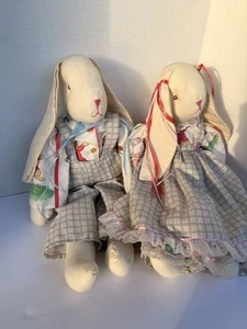 Pair Of Vtg 90’s Handmade Muslin Long Eared Country Bunny Rabbits Boy/Girl - Picture 1 of 18