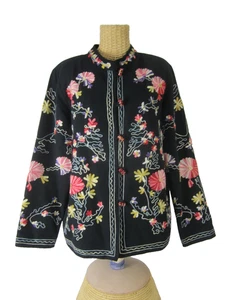 Vtg Timbuktu Station Womens XL Black Floral Embroidered Cotton Jacket Blazer 45" - Picture 1 of 13
