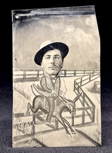 RARE 1/6 PLATE TINTYPE - FUNNY CARNIVAL CARTOON IMAGE OF MAN ON JUMPING HORSE - Picture 1 of 1