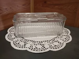 VINTAGE FEDERAL GLASS RIBBED REFRIGERATOR DISH W/EMBOSSED & ORNATE LID - Picture 1 of 11