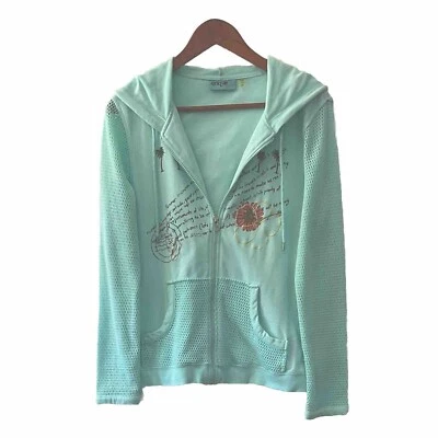 Onque Informal Mujer Talla M Turquesa Sudadera con Capucha Bolsillos con Cremallera Malla Bordada - Usada en Excelente Condición Foto 1 de 4