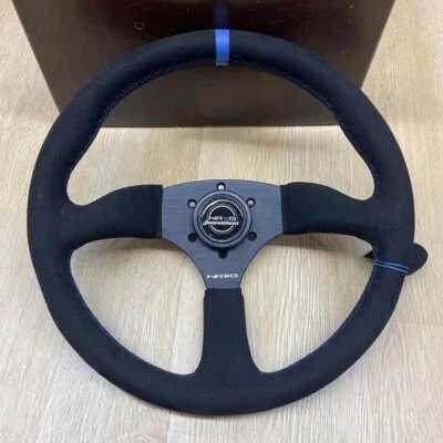 NEW Deep Dish Steering Wheel 340mm Black Suede Blue Stitching - Image 1 of 4
