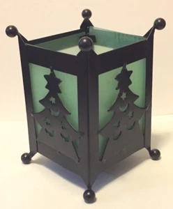 decorated CHRISTMAS TREE tea light candle holder black metal green glass India - Picture 1 of 4
