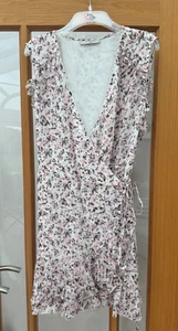 ALL SAINTS PINK & WHITE DITSY FLORAL WRAP MINI DRESS SIZE LARGE (14) - EXC COND - Picture 1 of 5