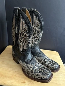 Corral Black/Gray Leather Inlay Cross Cowboy Boots Square Toe Men’s Size 10 D - Picture 1 of 20
