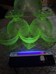 Juego de 6 herraduras de Sherbet con patas verdes de vidrio de la depresión de Indiana de colección - Imagen 1 de 9