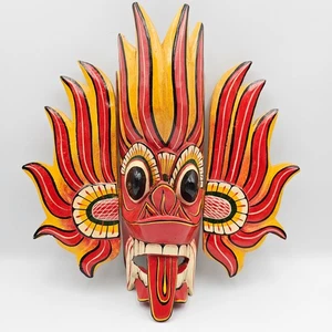 Hand Carved Wood Demon Mask Wall Art Red Yellow Folk Decor No Markings - Picture 1 of 16