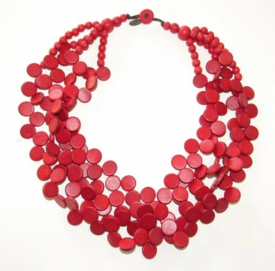Collar grueso disco babero con cuentas de madera roja Sylca Foto 1 de 4