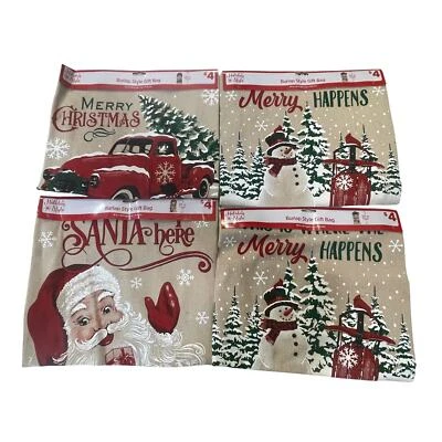 New 4 Pack Burlap Style Santa Sack Christmas Gift Bag Decoration Snowman Truck - Image 1 of 4
