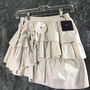 Ryu Mini Skirt Womens Small Beige Layered Flower Rhinestone Chains Club Wear NEW - Picture 1 of 19