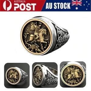 Men St. George Dragon Slayer Medieval Knight Signet Vintage Celtic Pattern Rings - Picture 1 of 7