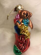 Thomas Pacconi Blown Glass Stocking with Bear Ornament 3"