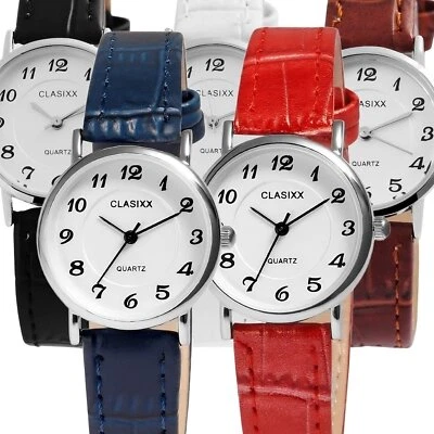 Clasixx Damen Uhr Lederimitat Armbanduhr Weiß Braun Blau Rot Schwarz Mineralglas - Bild 1 von 4