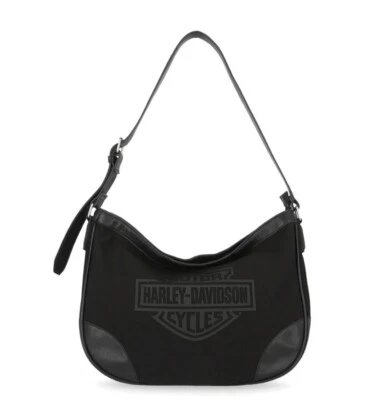 Bolso de mano hobo de lona para mujer Harley Davidson ribete de cuero negro MHW037/08 Foto 1 de 4