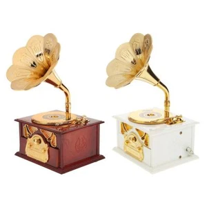 Antique Wood&Metal Horn Phonograph Hand Crank Music Box Classic Home Decor Gift - Picture 1 of 10