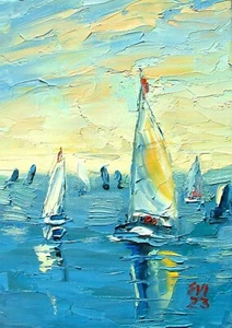 Yachts Original Oil Painting Seascape Wall Art Wall Decor Canvas board 5x7 inch - Picture 1 of 1