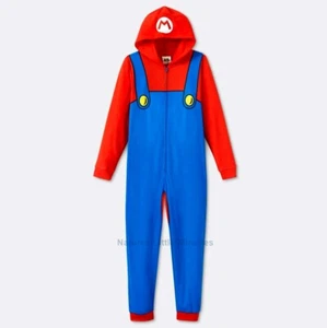 SUPER MARIO Pajamas Boys Size 4 - 10 One Piece Union Suit Costume Hoodie NEW NWT - Picture 1 of 3