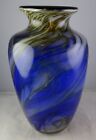 James Clarke Signed Studio Art Glass Blue Swirl Vase Hand Blown