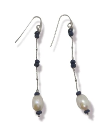 ORECCHINI ARGENTO 925 CON ZAFFIRO BLU SFACCETTATO E PERLA BIANCA BAROCCA - Immagine 1 di 4