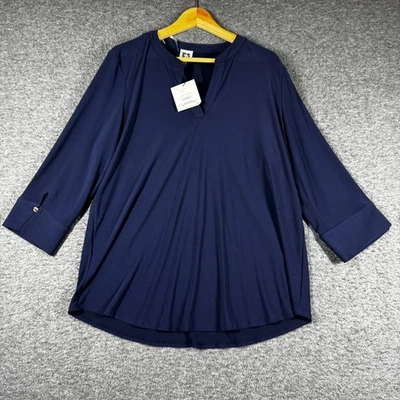 NUEVO CON ETIQUETAS Anne Klein Jersey Blusa Camisa Mujer Plus 1X Azul Marino Manga 3/4 Foto 1 de 4