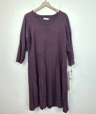 Calvin Klein Knit Sweater Dress Women 1X Burgundy Plum Pleated Tiered Midi NEW - Image 1 of 4
