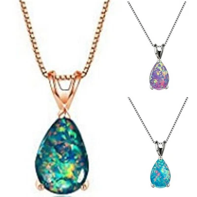 Opal Necklace Rose With 18" Chain Gold Plated Pendant Water Drop White Fire - Image 1 of 4