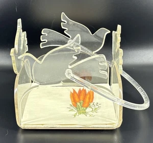 Vintage Lucite Clear Napkin Holder MCM Retro 5.5” Square Doves -- Rare, Unique - Picture 1 of 8