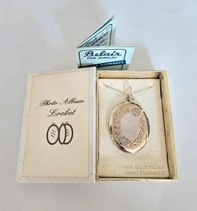 Vintage 14K Gold Füllung "Fotoalbum Medaillon" Neu aus altem Lagerbestand Belair fein 20" Halskette Gravurbl - Bild 1 von 14